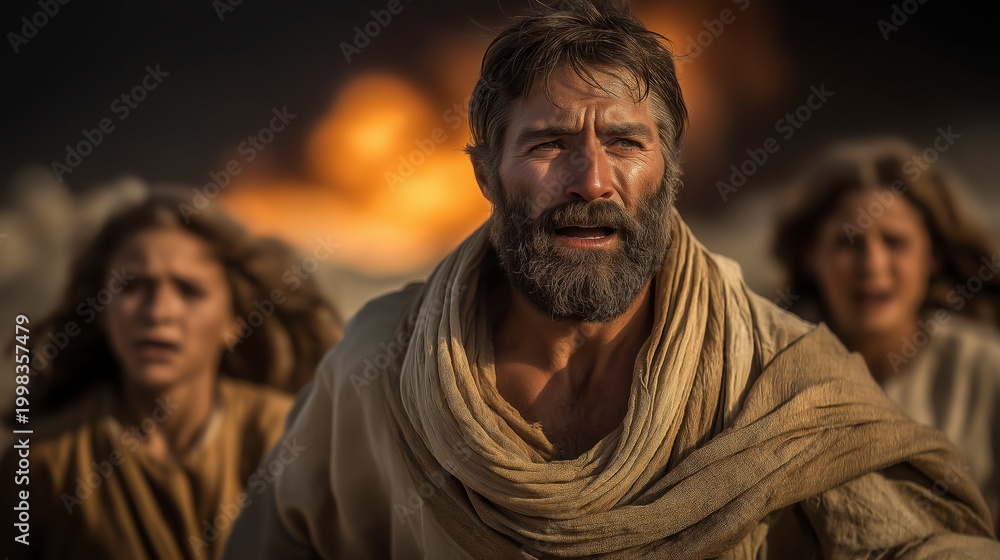 Fototapeta premium Lot leads his daughters from a burning city, fire lighting the night as fear and urgency reveal judgment, escape, and the cost of leaving behind the past. 