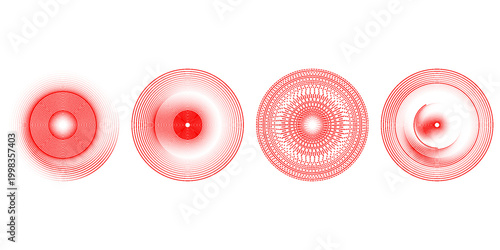 Red concentric ripple circles set. Sonar or sound wave rings collection. Epicentre, target, radar icon concept. Radial signal or vibration elements. Halftone vector illustration