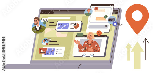 Remote teamwork, data analysis, online learning, networking, geolocation services, virtual meetings. Laptop showing video calls, graphs and location icon. Remote teamwork and data analysis focus
