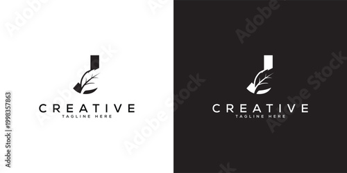 Minimalist Letter J with leaf logo design. Modern J logo leaf design background.