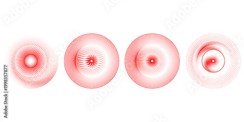 Red concentric ripple circles set. Sonar or sound wave rings collection. Epicentre, target, radar icon concept. Radial signal or vibration elements. Halftone vector illustration