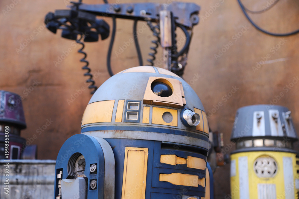 Fototapeta premium Close-up of Star Wars droids with copy space background