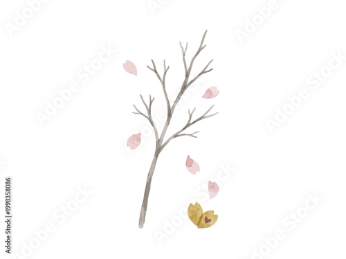 Tree branch with bare limbs drops delicate pink petals toward a small gold heart resting on the ground.