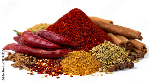 Heap of various spices and dried chili peppers studio shot spice blend