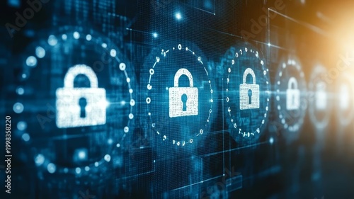 Cybersecurity protection digital lock secures computer screen for online privacy.
