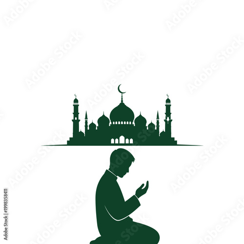 Muslim man kneels in prayer before a mosque silhouette to symbolize spiritual devotion and faith.