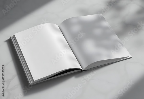 open book with blank pages on marble surface. magazine mockup psd