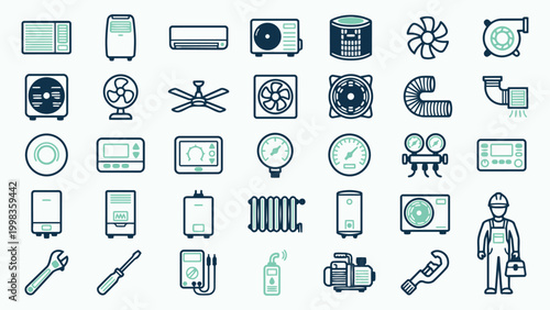Professional HVAC System and Technician Service Icons