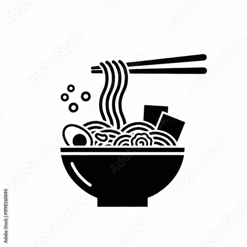 Noodle bowl with chopsticks and ingredients.
