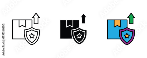 Secure parcel delivery and protected shipping insurance icon set. Cardboard box with star shield protection and logistics export arrow symbol.