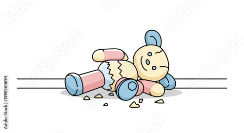 Broken teddy bear with sad expression.