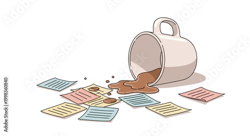 Spilled coffee from white cup.