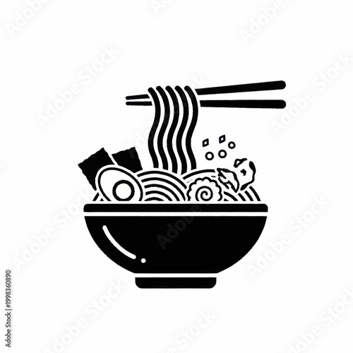 Noodle bowl with chopsticks and ingredients.