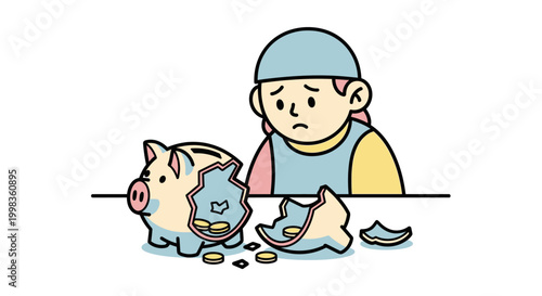 Sad child with broken piggy bank.