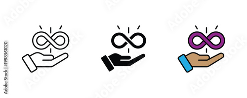 Hand holding infinity symbol icon set. Unlimited possibility concept, eternal life loop, and sustainable long-term solution sign.