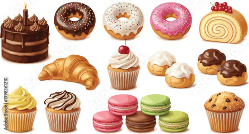Bakery Dessert Vector Set with Donuts Croissant Cupcakes Macarons and Cakes for Sweet Food Illustration, Café Menu Design, Pastry Shop Branding, and Celebration Projects.