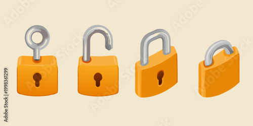 sequence of four orange padlocks in various angles