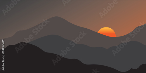 A stunning view of the sun behind the silhouette of mountains at sunset. vector