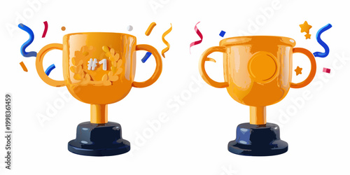 two gold trophies with confetti on white background
