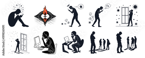 Mental health awareness vector silhouettes set illustrating anxiety stress and digital burnout through modern character illustrations.