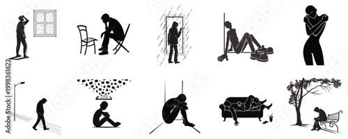 Minimalist silhouettes representing loneliness depression and urban isolation in various life situations for mental health advocacy.