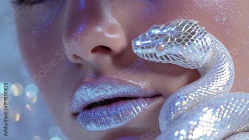 Extreme close-up footage of a woman with shimmering glitter skin and glossy lips, holding a chrome snake near her face in neon light, sci-fi fashion concept