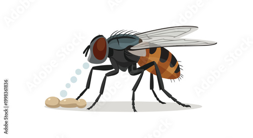 Realistic Housefly Vector Illustration - Common House Fly Feeding on Food Scraps Isolated on White Background