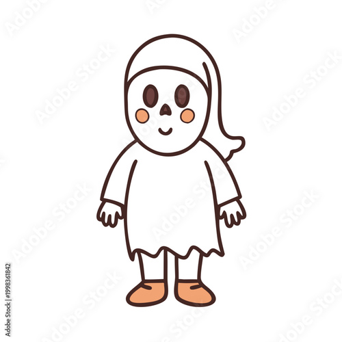 Child dressed as a ghost, playful expression, standing on a white background
