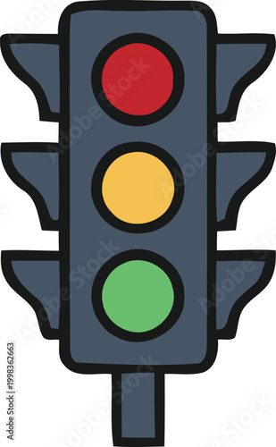 Vector illustration of a classic vertical traffic light with red, yellow, and green lights.