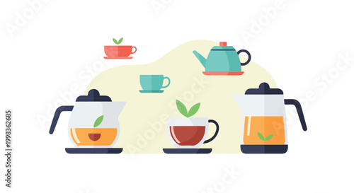 A flat vector illustration features various types of tea kettles and cups filled with herbal tea, displayed on a light background.