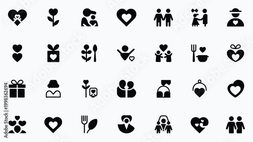 Vector design showcase featuring various relationship and love icons including hearts people gifts and food symbols on a clean background