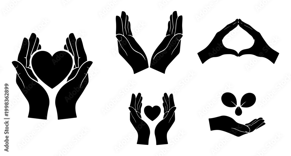 Fototapeta premium Various black hand silhouettes symbolize care, love, and nature.