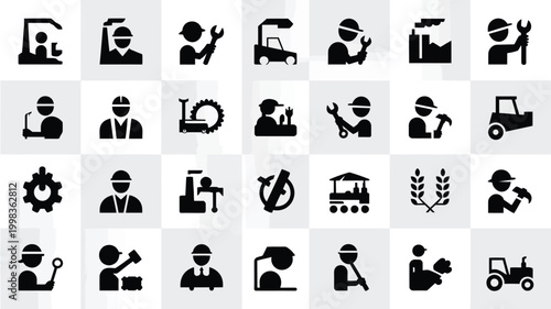 Collection of 30 minimalist black icons representing industry labor and construction themes on a clean checkered background symbolizing hard work and manufacturing processes