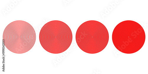 Red concentric ripple circles set. Sonar or sound wave rings collection. Epicentre, target, radar icon concept. Radial signal or vibration elements. Halftone vector illustration
