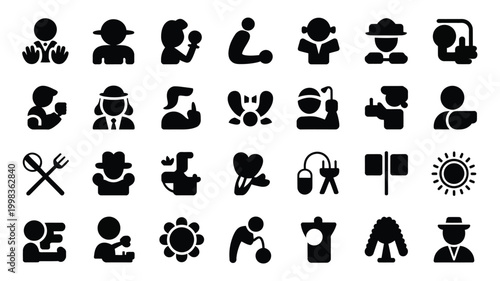 Collection of black silhouette icons depicting people occupations and lifestyle concepts on white background