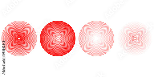 Red concentric ripple circles set. Sonar or sound wave rings collection. Epicentre, target, radar icon concept. Radial signal or vibration elements. Halftone vector illustration