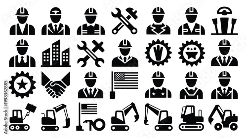 Diverse construction and industry vector icons set featuring workers tools buildings heavy machinery and american flag symbols for professional and commercial use