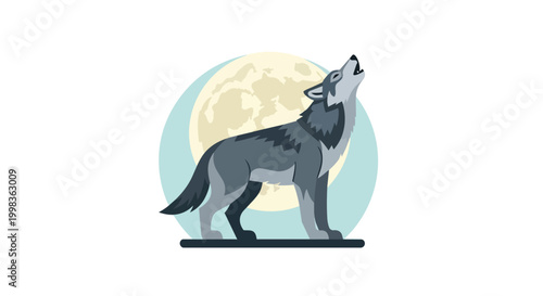 Wolf Howling at Full Moon Vector Illustration Minimalist Wild Animal Flat Design