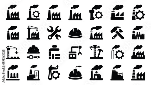 Industrial icons collection factories cranes tools and hard hats representing manufacturing construction engineering labor and heavy industry concepts with smoke emissions