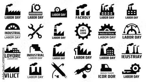 Collection of black silhouette icons representing industrial labor factories gears and tools celebrating labor day with a clean modern graphic design style on a white background