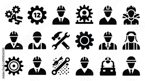 Collection of bold glyph icons representing labor industry and skilled professions featuring workers in hard hats gears and tools ideal for construction engineering