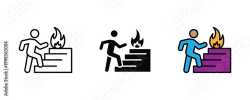 Fire emergency evacuation stairs icon set. Man running upstairs during building fire hazard and rescue safety procedure symbol.