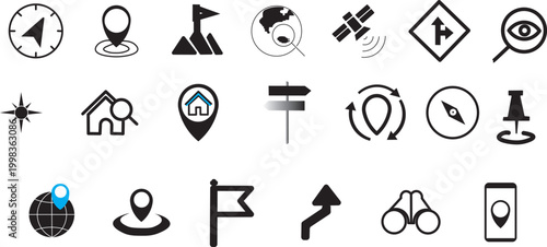 Location icon set, navigation signs, GPS location symbols, collection map pointer icons,