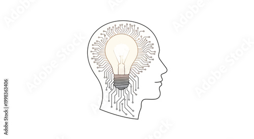 Artificial Intelligence Concept: Light Bulb Inside Human Head Outline with Circuit Board Pattern