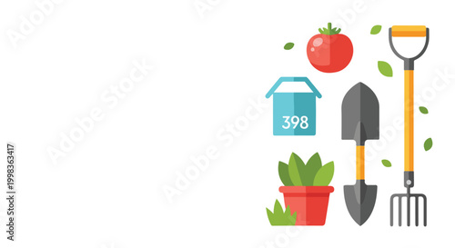 A set of colorful gardening flat icons including a shovel, pitchfork, potted plant, and a ripe tomato arranged on a clean white background.