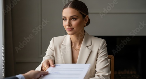 Professional woman handing business document