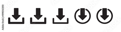 Various download icons in black style featuring arrow and bracket shapes for website user interface design.
