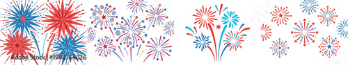 Simple, colorful fireworks graphic with red and blue bursts against a white background.
