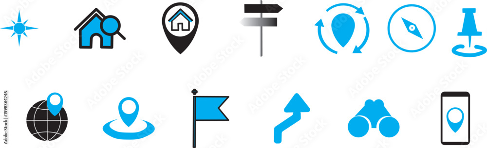 Obraz premium Location icon set, navigation signs, GPS location symbols, collection map pointer icons,