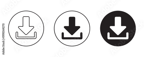 Set of three circular download icons in outline solid and negative styles for website and mobile application.